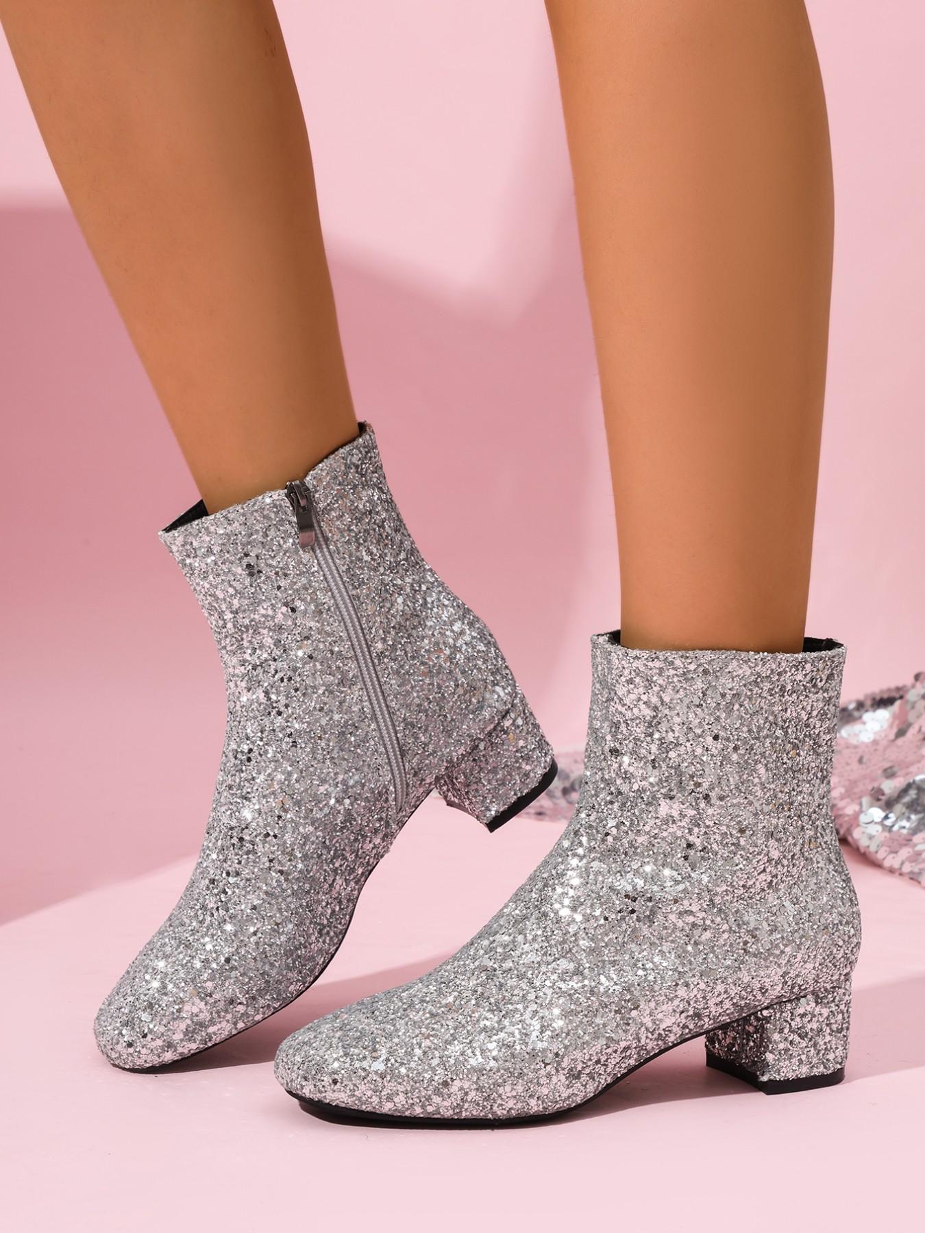 2026 New Sequined Chunky Heel Short Boots, Fashion Boots with Full Sequins, Zipper Design for Easy Wear, Perfect for Parties and Dates