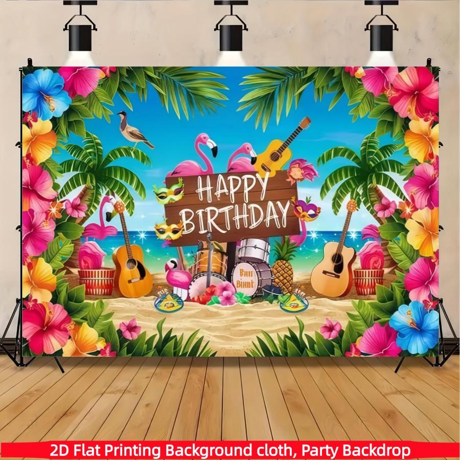 2D flat party banner, Hawaiian birthday background fabric, polyester material, tropical Hawaiian party decoration, suitable for indoor/outdoor Hawaiian parties, birthdays, weddings, summer decoration, birthday party decoration, stage and room decoration
