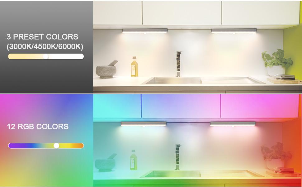 Under Cabinet Lights, Wireless Rechargeable LED RGB Under Counter Lights Bar 3 Packs 48 LED 15 Color Temps Dimmable with Remote Shelf Kitchen Closet Bedroom Lights