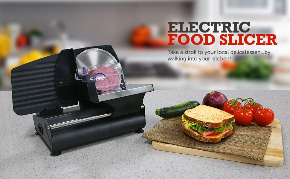 Ultimate Precision Electric Deli Food Meat Slicer Removable Stainless Steel Blade, Adjustable Thickness, Ideal for Cold Cuts, Hard Cheese, Vegetables & Bread, 7.5", Black