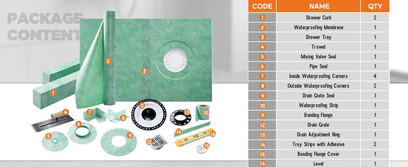 Vanacc Shower Curb Kit with Complete Shower Kit- Tray, Curb, Membrane, Seals, Bonding Flange, Corners, Trowel and Level,Green