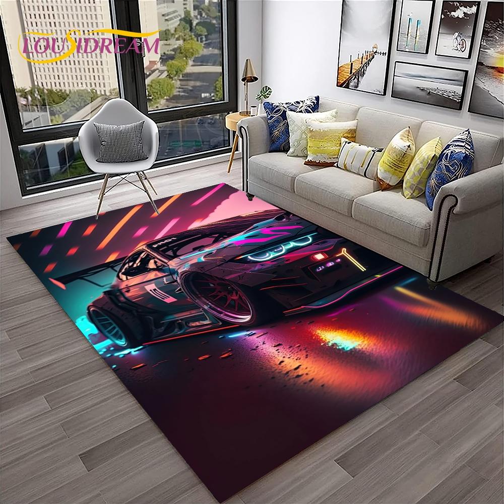 Blue Sports Car Flannel Area Rug - Cool Graffiti Style Supercar Print Soft Mat for Living Room & Garage, Non-Slip Car Enthusiast Home Decor#SportsCarRug #GraffitiSupercarMat #CarEnthusiastDecor #GarageCarpet #NonSlipFlannelRug