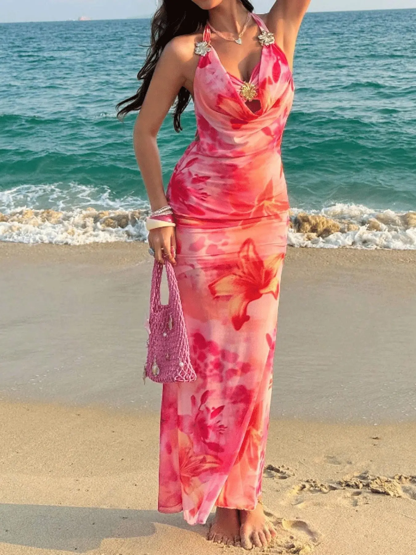 Halter Maxi Dress Featuring Pink Lily Floral Print With Draped Neck Cutout And Metal Flower Decor Slim Mesh Fabric For Beach Vacation