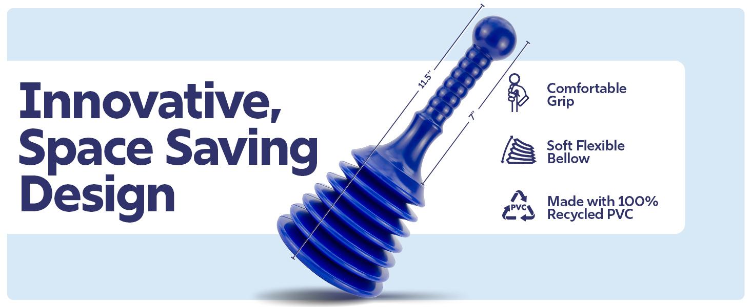 Small Commercial-Style Plumber's Plunger with Large Bellows - Powerful Clog Remover for Kitchen Sink, Bathroom Sink, Bathtub or Shower - Blue