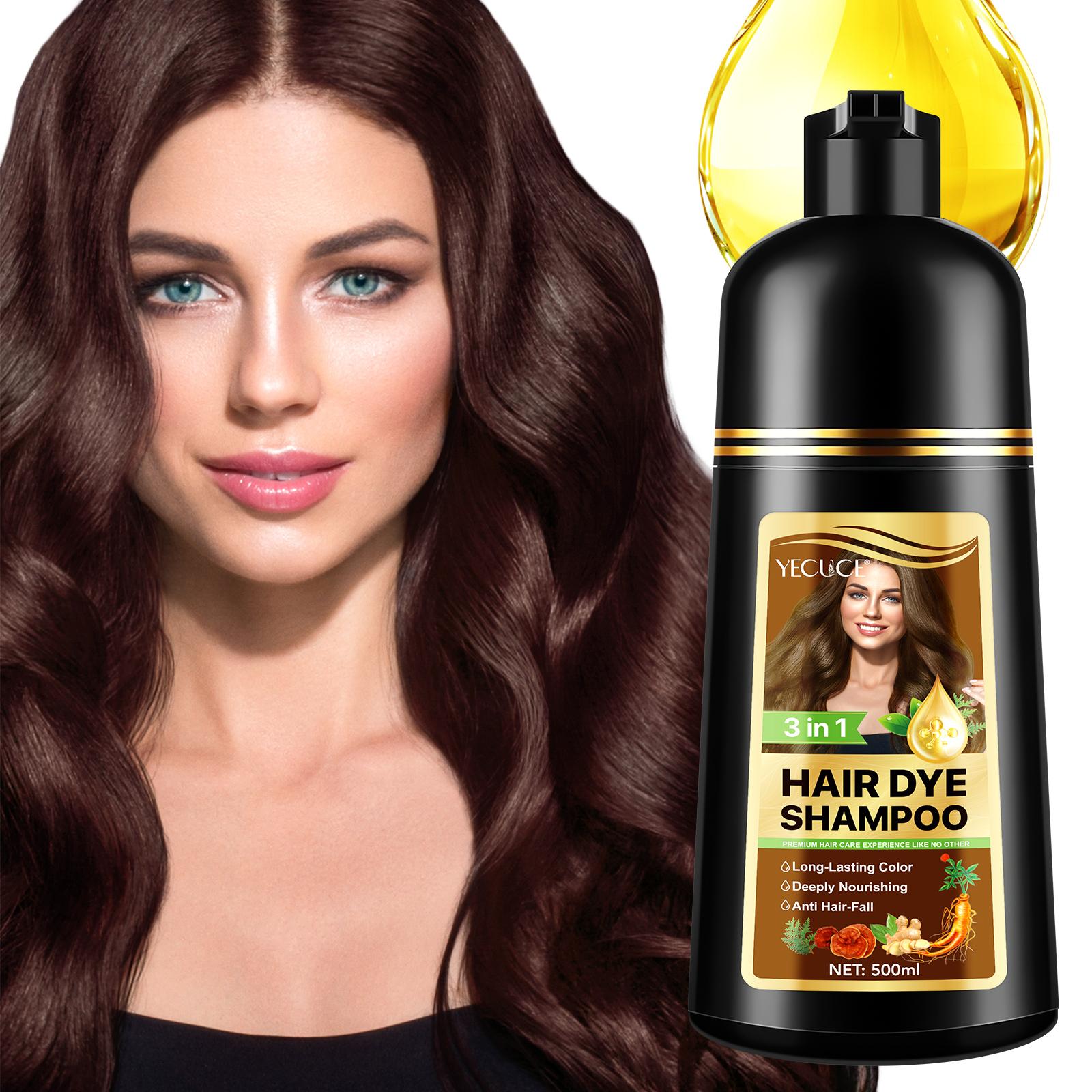 YECUCE 3in1 Hair Dye Shampoo - Dark Brown 500ml, natural herbal hair dye shampoo, quick coloring, suitable for both men and women.