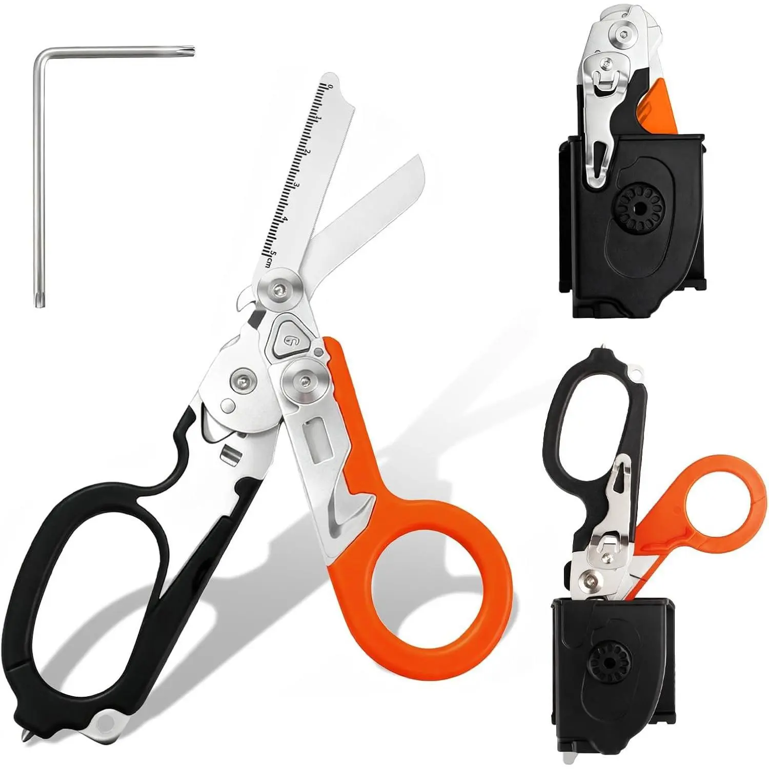 6-in-1 Folding Trauma Shears, Rescue Scissors for EMT (Black-Orange)