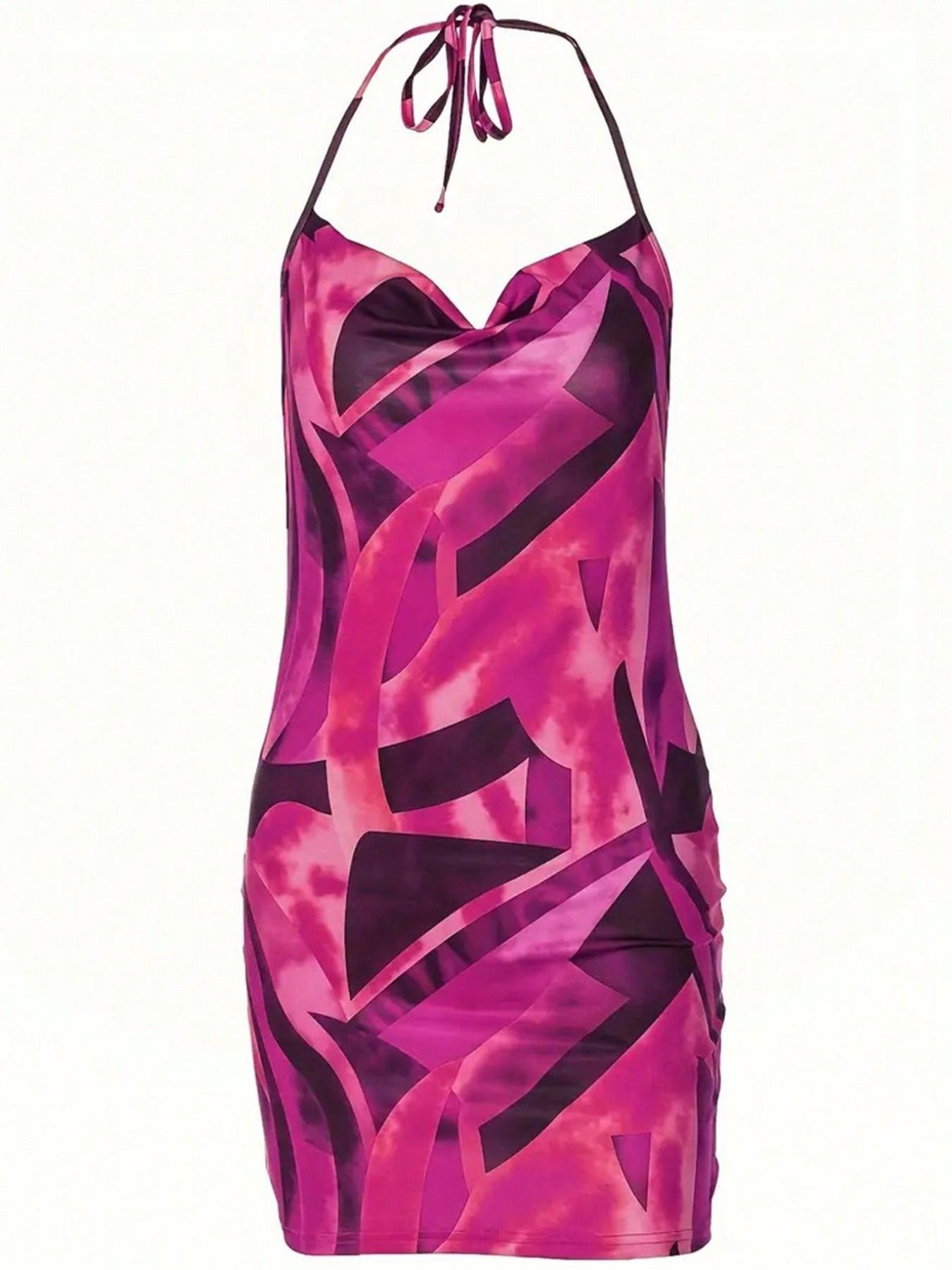 A set of women's casual contrasting printed neck hanging dress with a spicy girl style deep V slim fit hip hugging short skirt for vacation and dating, suitable for summer, suitable for home, indoor, and outdoor wear