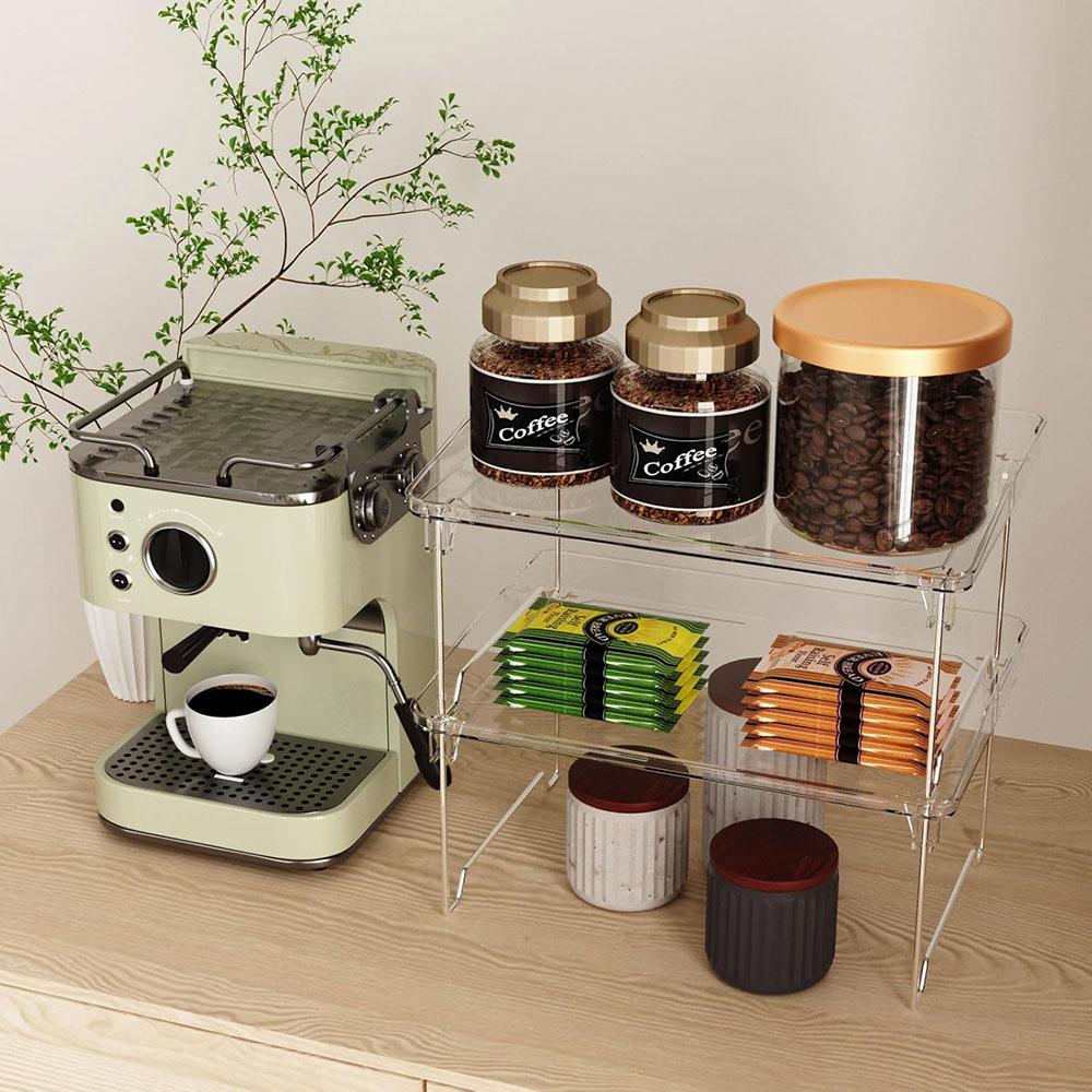 2 Piece Cabinet Storage Rack, Stackable Kitchen Counter Shelf, Spice Rack, Countertop Organizer, Transparent Plastic Storage Rack