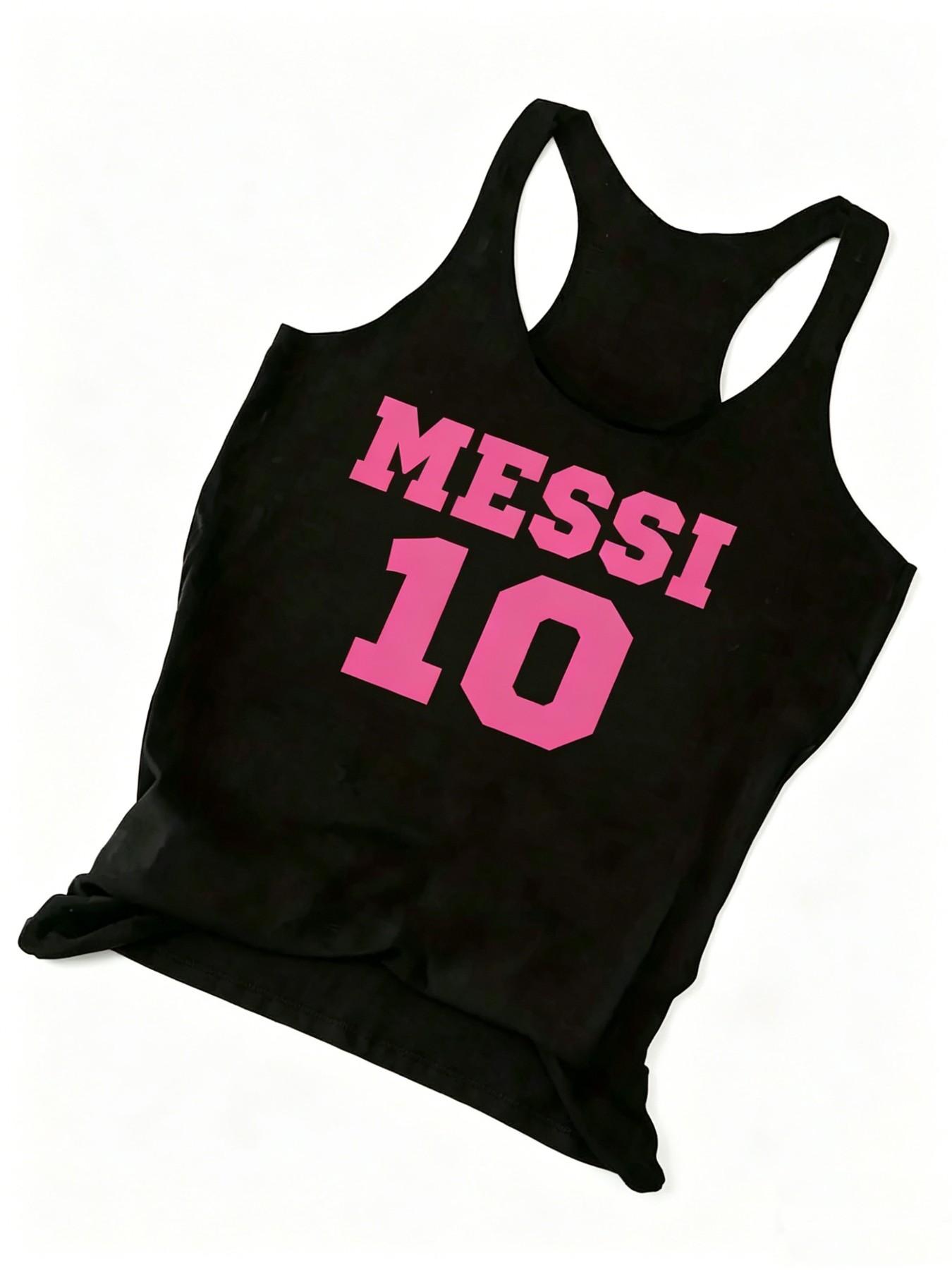 Lionel Messi 10 Graphic Tank, Football Fan Summer Racerback Top, Casual Fitted Tank Top, Letter Pattern, No Button, Non-Full Placket