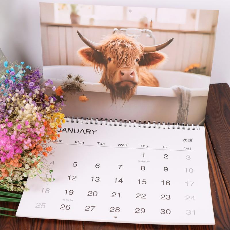 2026 Highland Cow Doodle Typography Calendar, Cute Monthly Planner, Fun Farm Animal Theme, Perfect Gift for Animal Lovers, High-Quality Print, Artistic Design