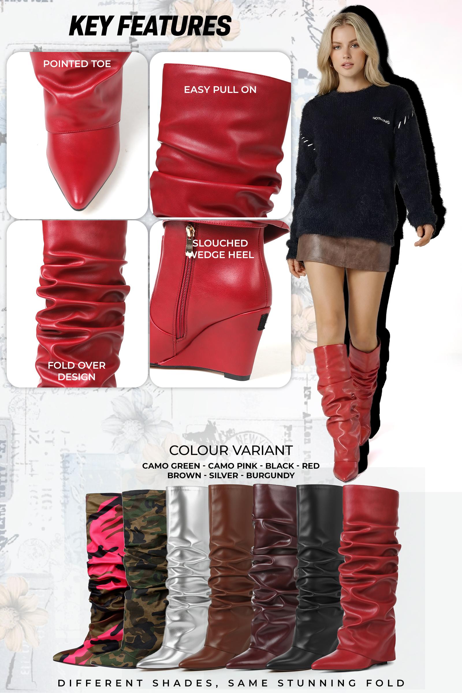 CELNEPHO Womens Slouch Boots Pointed Toe Wedge Heel Fashion Knee High Booties Easy Pull on Formal Wear Date Casual Events Party Dress Shoes