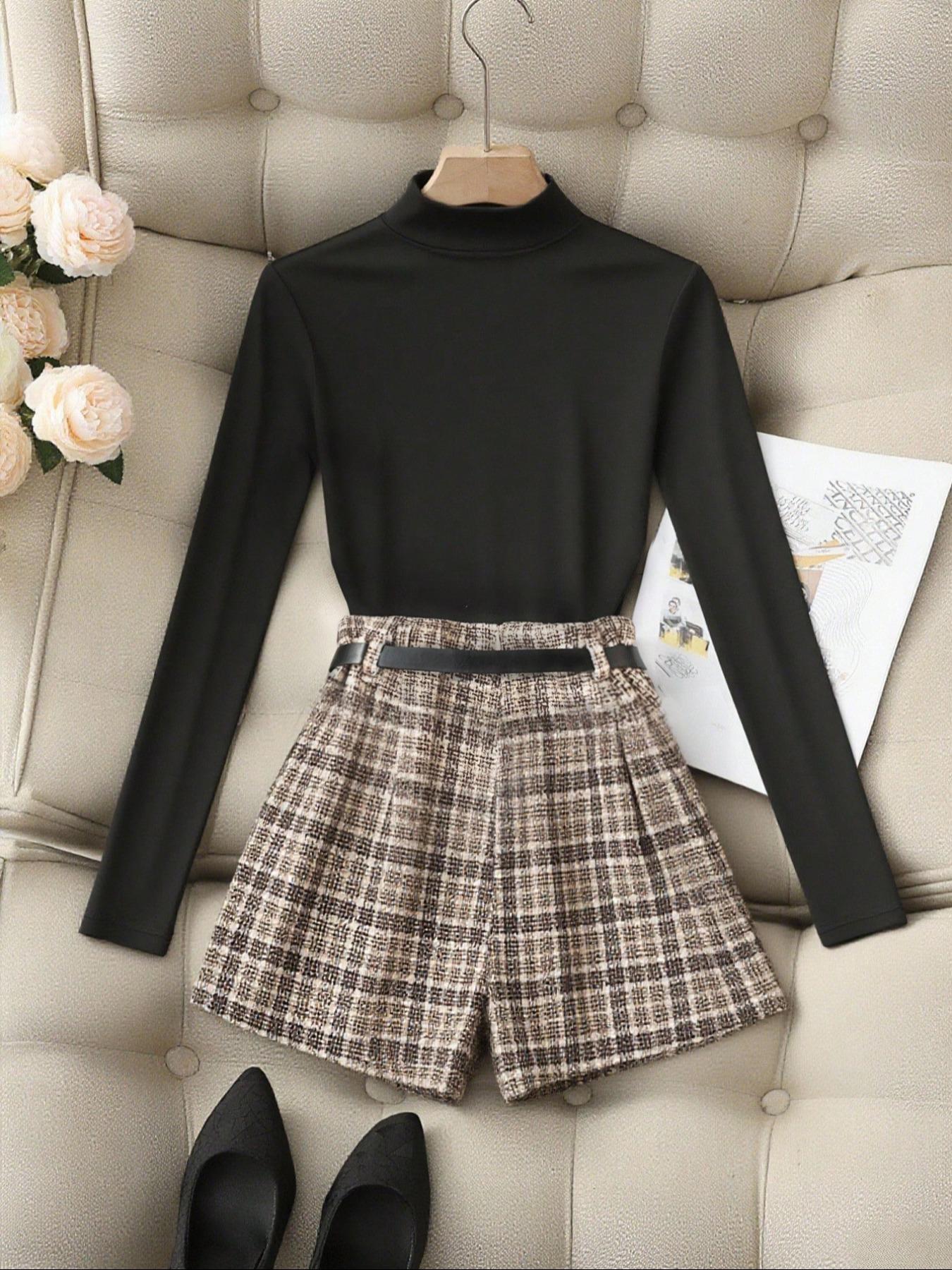 Elegant Women's Fall Knit High Stretch Long Sleeve Top, French Vintage Plaid Skirt Set with Waist Belt, Casual Commuter Two-Piece Suit