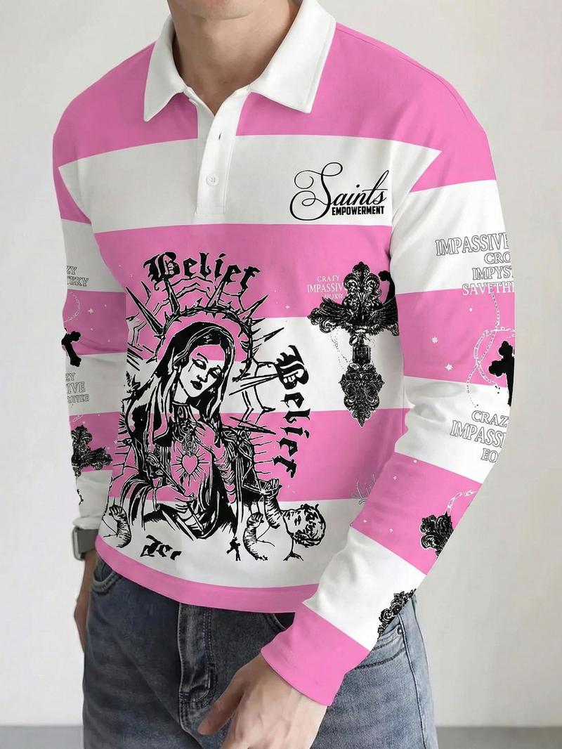 Men's Loose Fit Colorblock Collar Long Sleeve Knitted Polo Shirt, Casual Street Style, Fashionable Outdoor Sports Wear, All Seasons