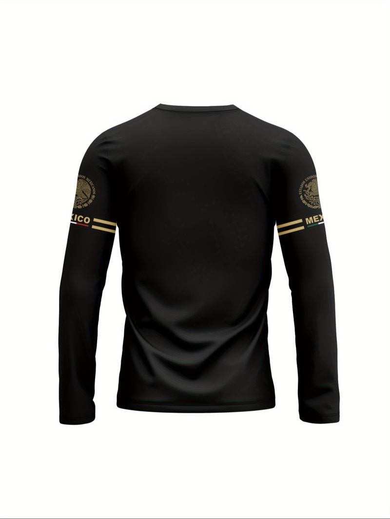 Men's 3D Print Long Sleeve T-Shirt, Breathable Comfort, Casual Sports Mexican Pattern, Fitted Crop Top, All Seasons Wear