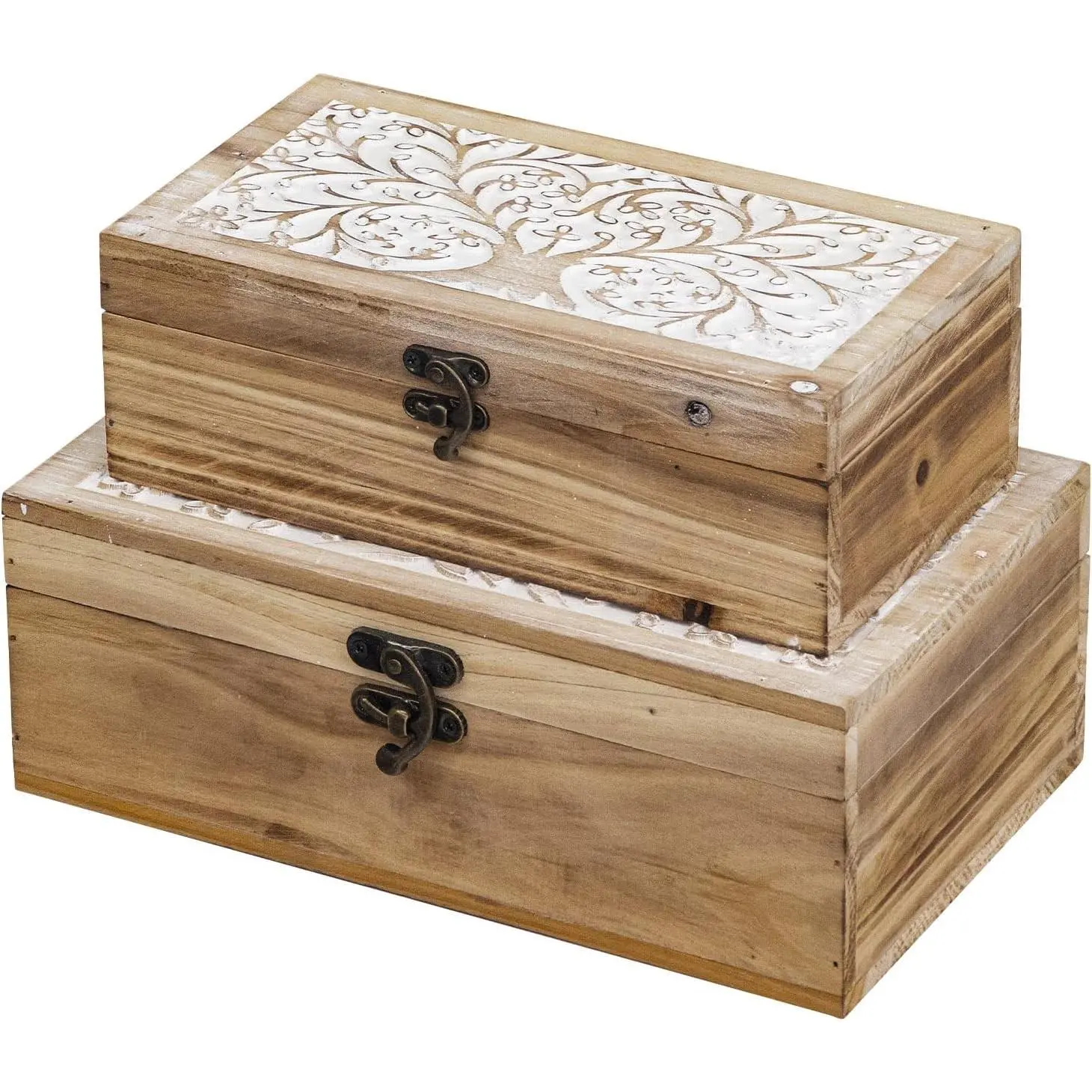 2 Piece Tree of Life Carved Wooden Keepsake Boxes with Lids, Decorative Storage Boxes for Home Decor, Trinket Box for Storing Jewelry and Memorabilia