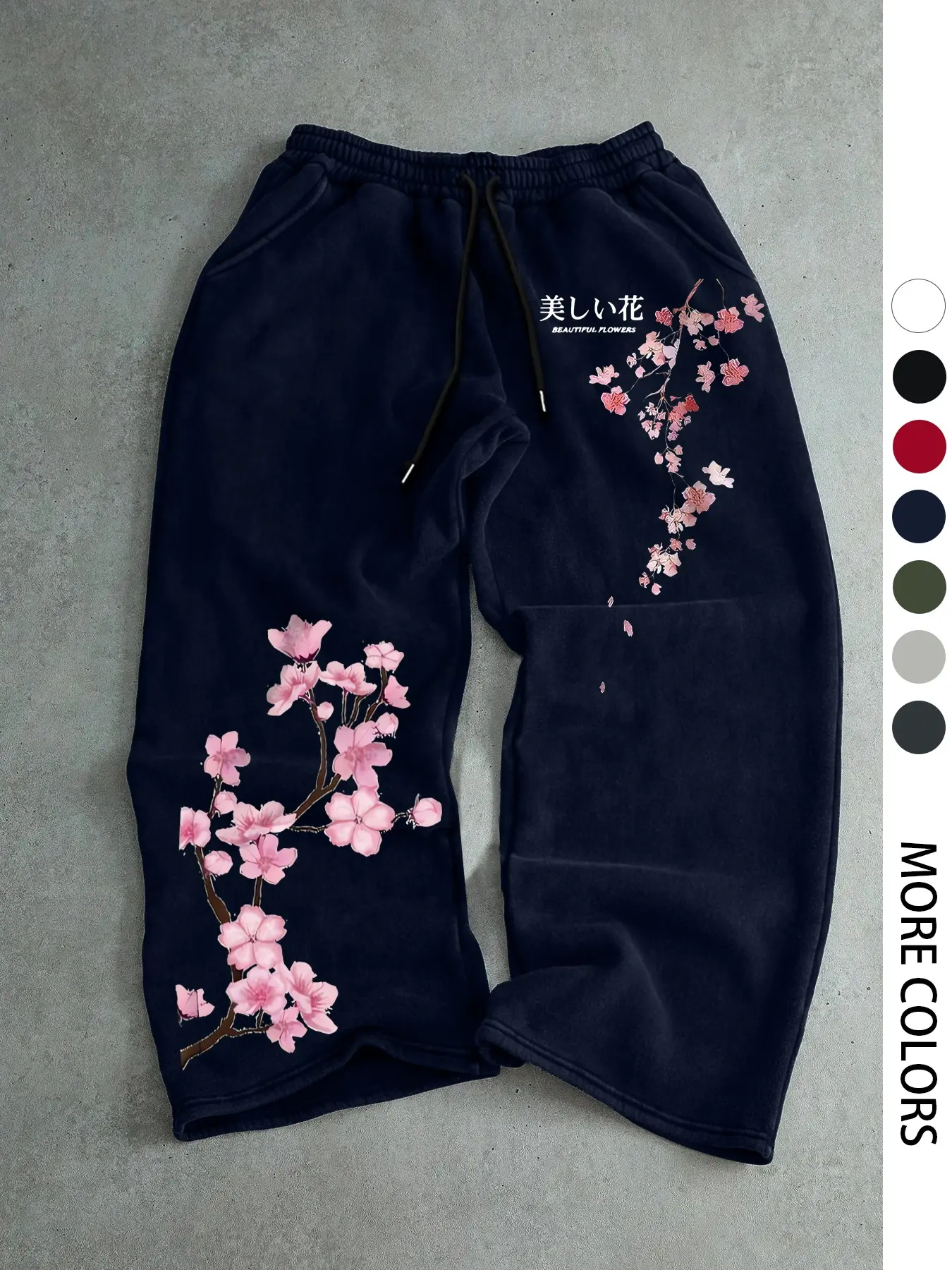 Men's Casual Sporty Long Pants, Sakura Pattern Print, Drawstring Wide Leg, Loose-Fitting, All Seasons, Men's Fashion Clothing