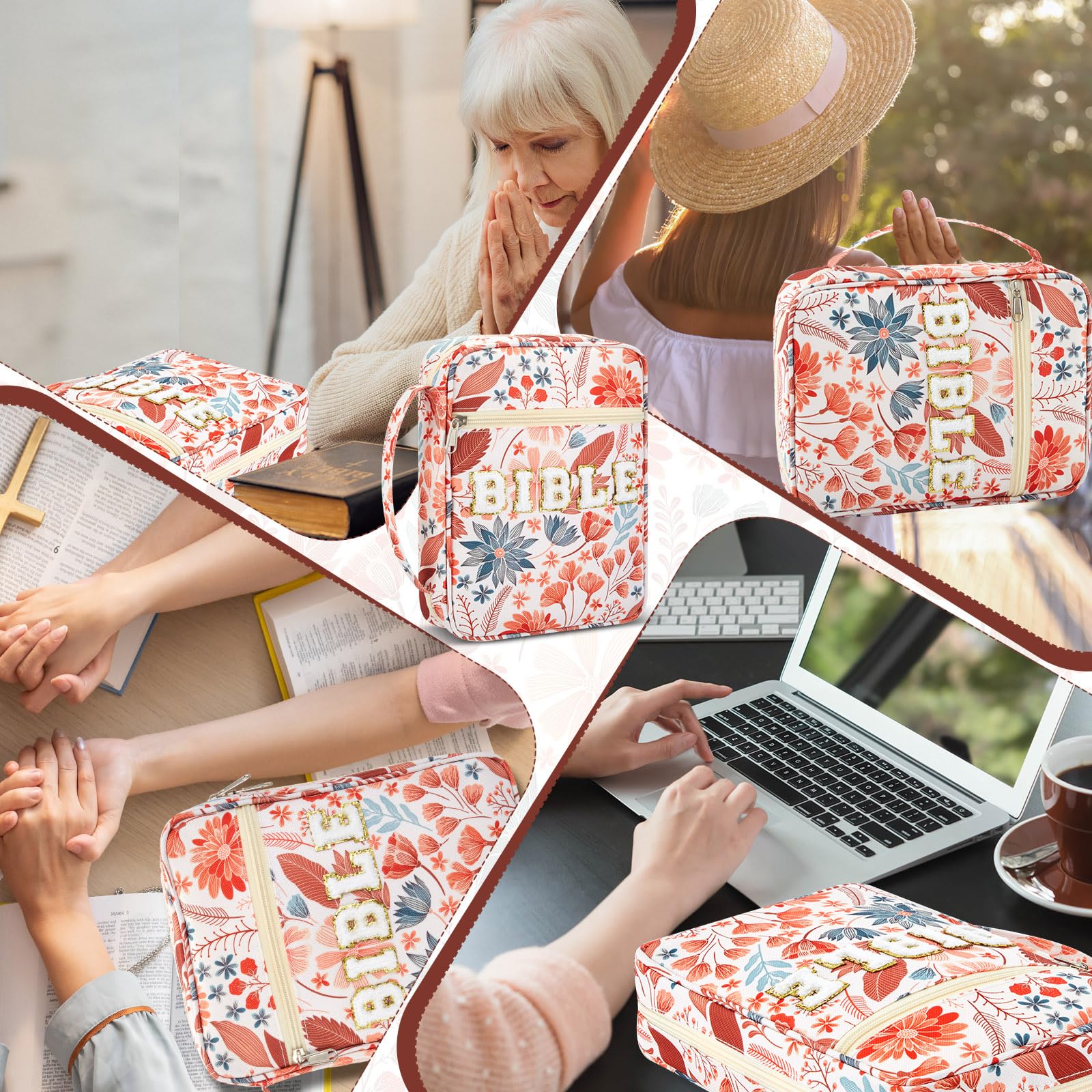 Christian Bible Bag with Floral Patterns PU Leather Bible Case with Aesthetic Annotation Kit Chenille Letter Bible Case Bible Study Supplies Easter Gift for Christian Mom Women Girls, Church Sunday Prayer Bible Journaling Kit