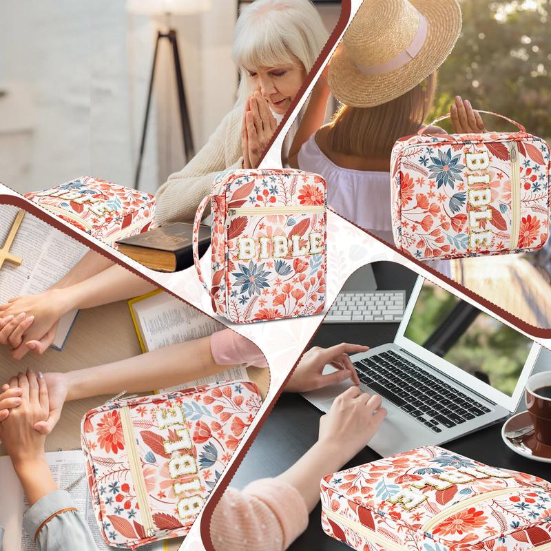 Christian Bible Bag with Floral Patterns PU Leather Bible Case with Aesthetic Annotation Kit Chenille Letter Bible Case Bible Study Supplies Easter Gift for Christian Mom Women Girls, Church Sunday Prayer Bible Journaling Kit