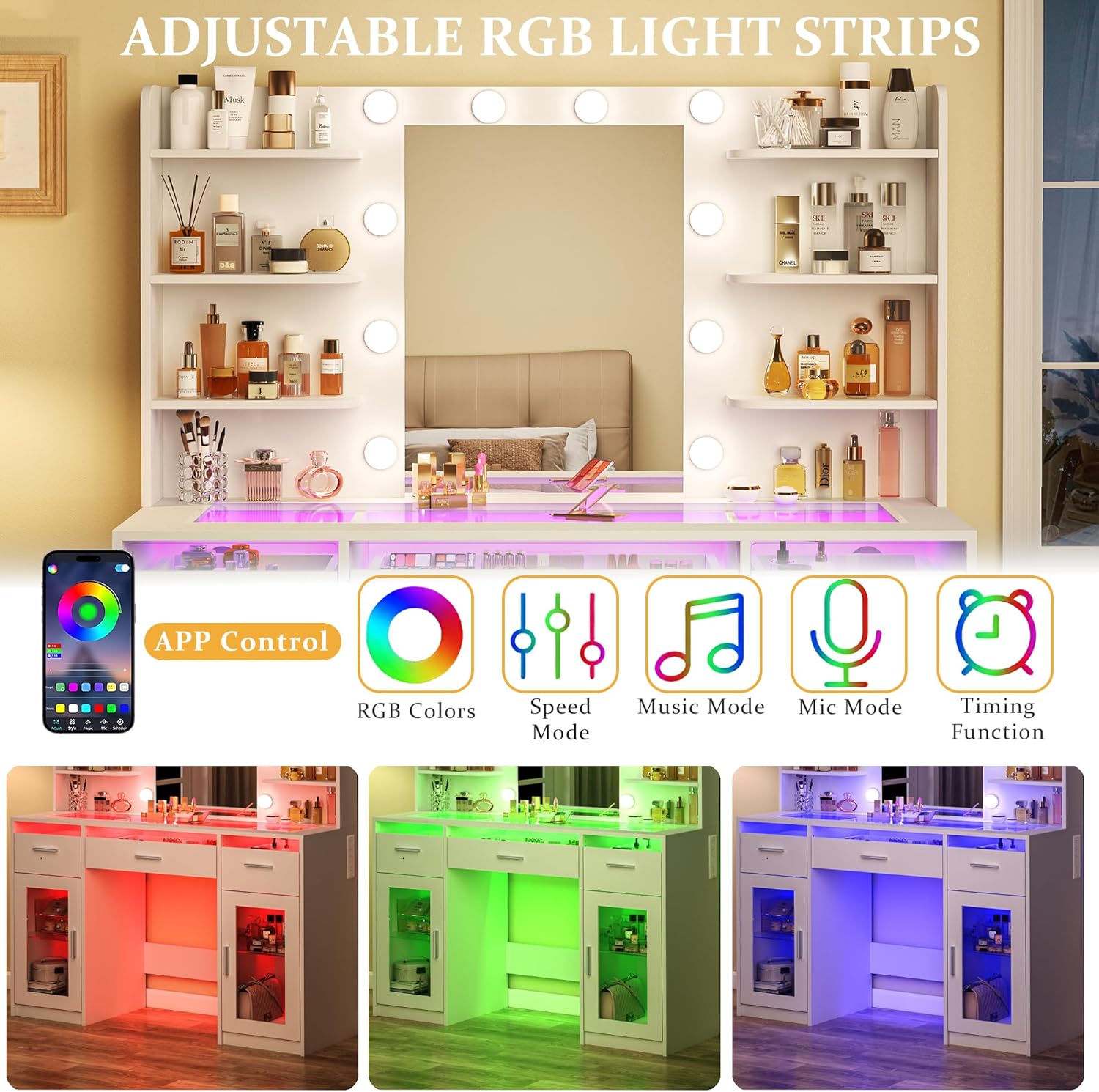 Vanity Desk, Makeup Vanity Desk with Mirror and Lights 3 Colors, Transparent Top with 3 RGB Drawers, 6 Shelves, 2 Large Tempered Cabinets, Power Outlet, for Bedroom, White