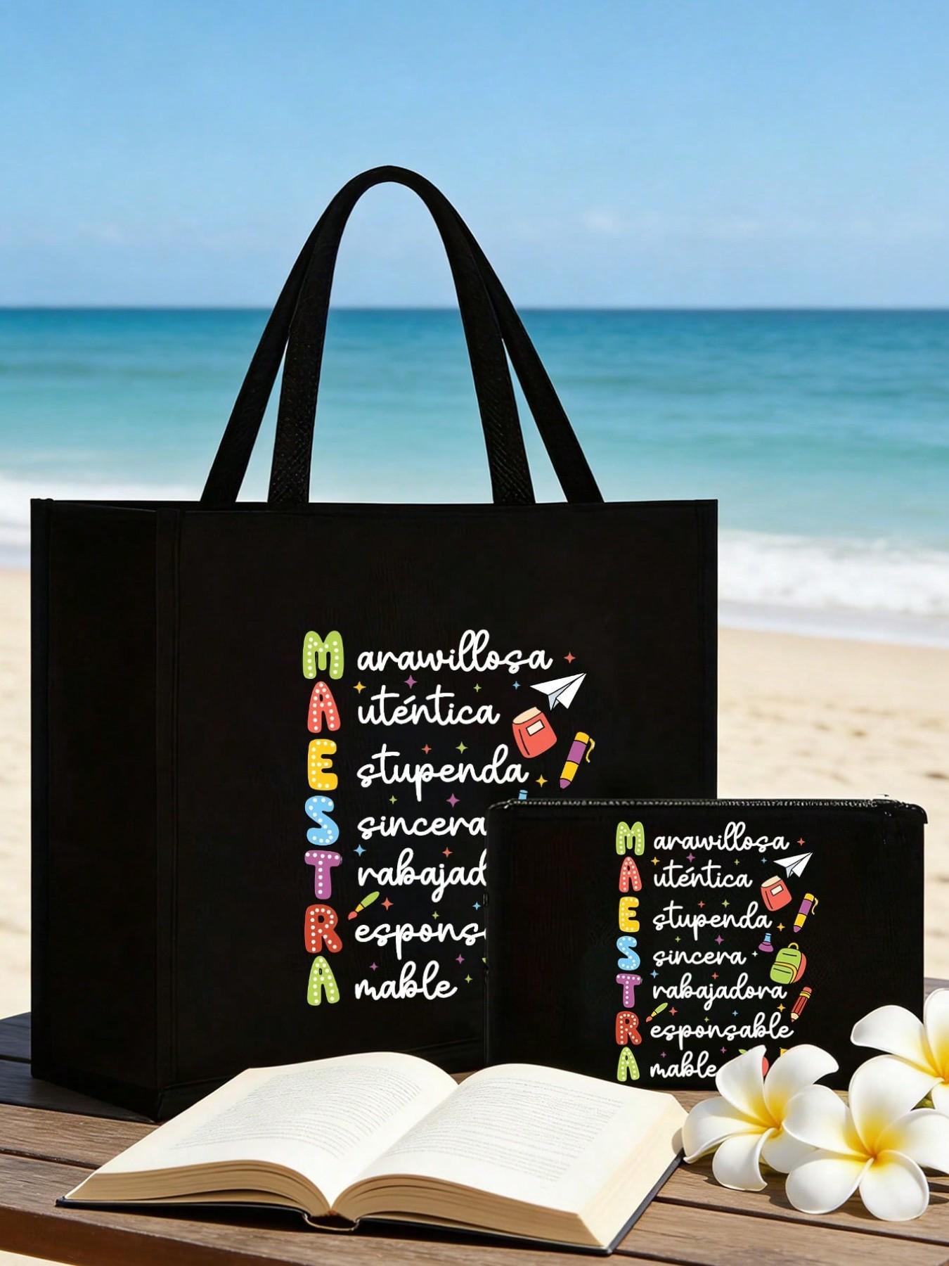 Women Teacher Tote Bag Set, Spanish Teacher Zipper Pouch, Cute Learning Print, Large Capacity Linen Bag, Reusable, Beach, Shopping, Travel, Gift