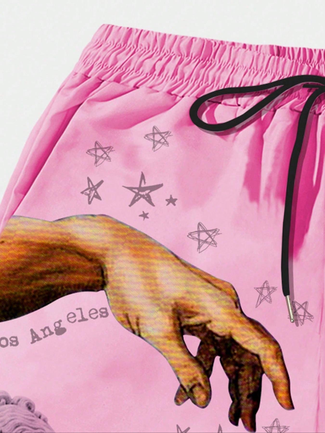 Men's Figure & Hand & Star Print Drawstring Waist Shorts, Regular Fit Casual Street Pocket Shorts for Fall & Winter, Men's Bottoms for Daily Wear, Menswear, Lightweight Beach Shorts, Casual Streetwear Shorts