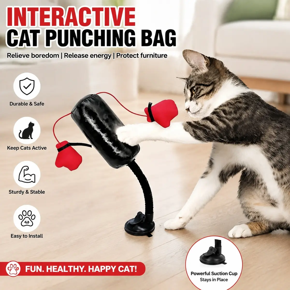 Interactive Cat Boxing  with Spring-Loaded Punch Bag & Gloves, Self-Entertainment Cat Enrichment  for Indoor Cats, Stress Relief Training  for Kittens, Durable Energy Release Play Bag for Active Cats cute toy