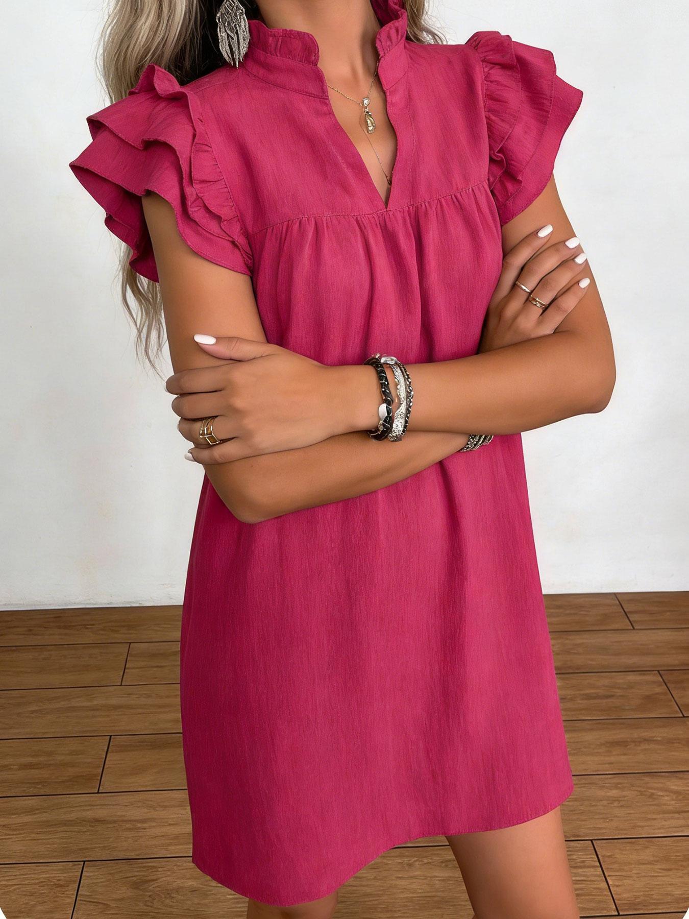 A women's solid color multi-layer ruffled sleeve V-neck pullover dress, suitable for summer, daily casual wear, vacations, dates, gatherings, and othe Womenswear