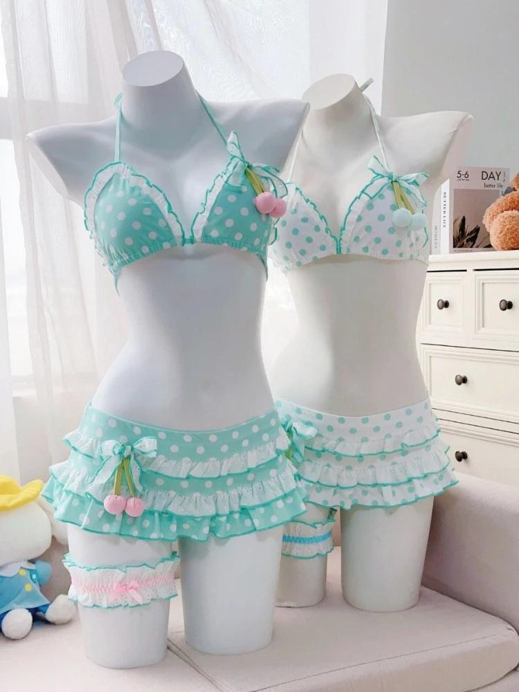 Women Y2k Sweet Bikini Set Japanese Kawaii Print Ruffles Lolita Swimsuit Crop Top + Skirt Two Piece Swimwear Beach WearBeach photography