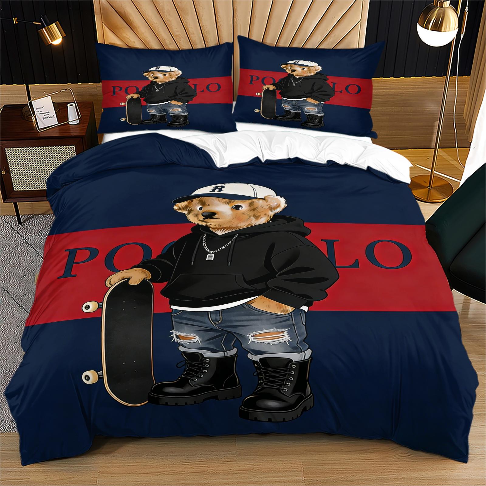 Striped Bear Pattern Print Soft and Durable Bedding Set, Includes 1 Duvet Cover and 1 or 2 Pillowcases, Excludes Quilt and Pillow Inserts, Suitable as Gifts for Teens and Adults, Modern Stylish Bedroom Bed Decorations