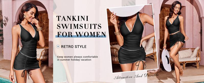 FISOEW Womens Tummy Control Tankini Swimsuits 2 Piece V Neck Criss Cross Drawstring Skort Bottom Bathing Suits Swimming Tankinisuit High Waist Swimwear
