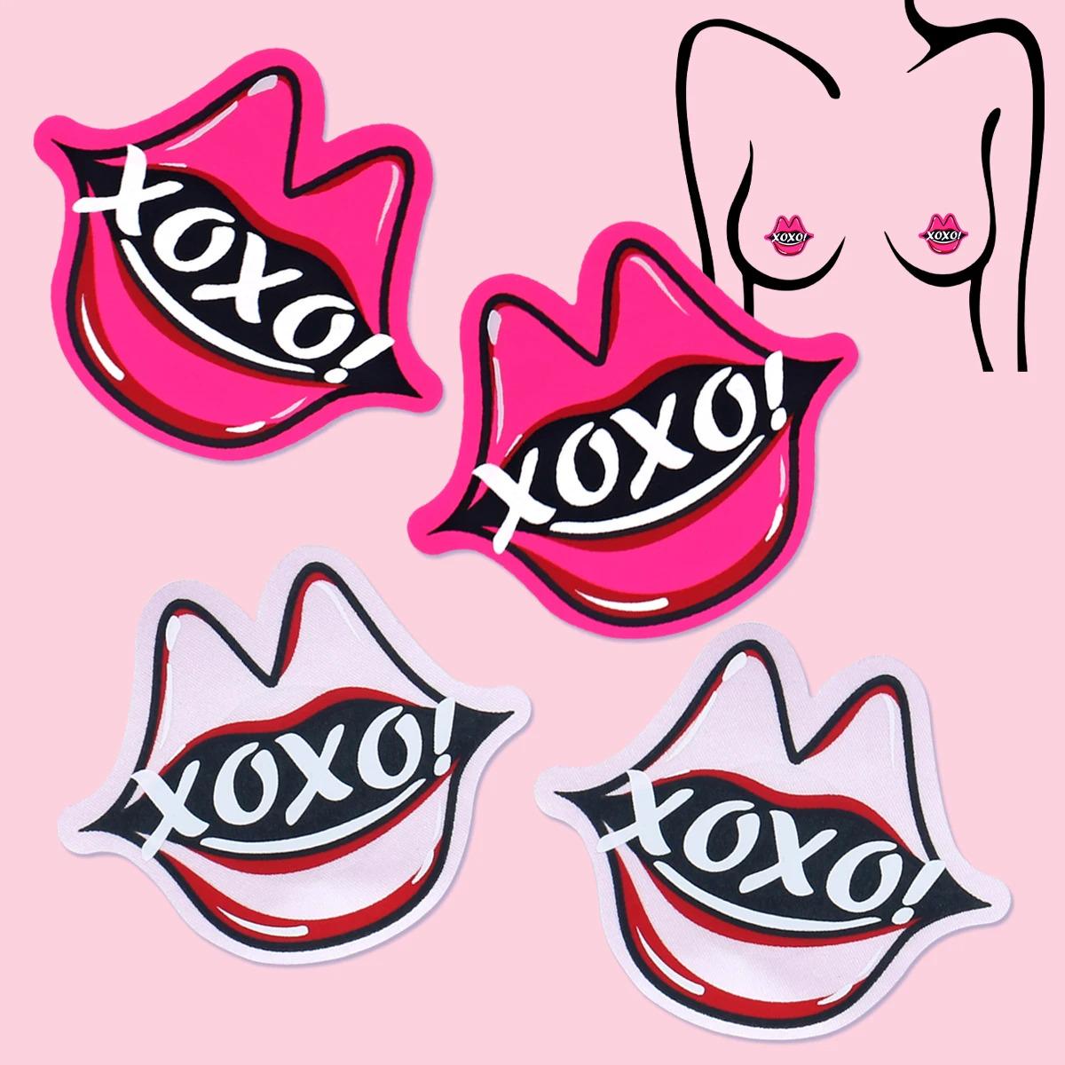 16 pairs of glitter glossy lip gloss stickers self-adhesive stickers black base red lip print kisses areola stickers seamless female disposable cover stickers