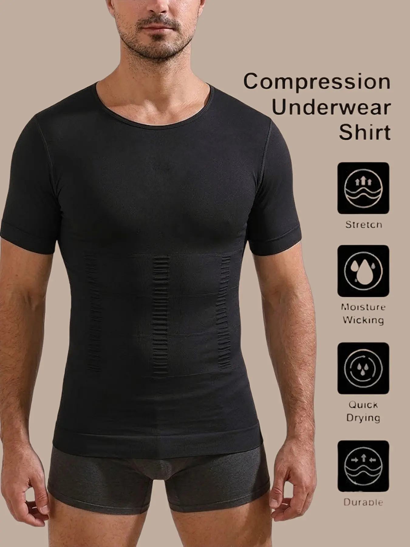 1 Count Men's Tight Fit High Elasticity Muscle Short, Sporty Casual Style Sleeve Shapewear T-Shirt, Tight Fit Short Sleeve Top, Fitness Athletic Shirt Tank Tops, Male Compression Shirt Waist Trainer, Suitable For Everyday Exercise & Working Out The Gym
