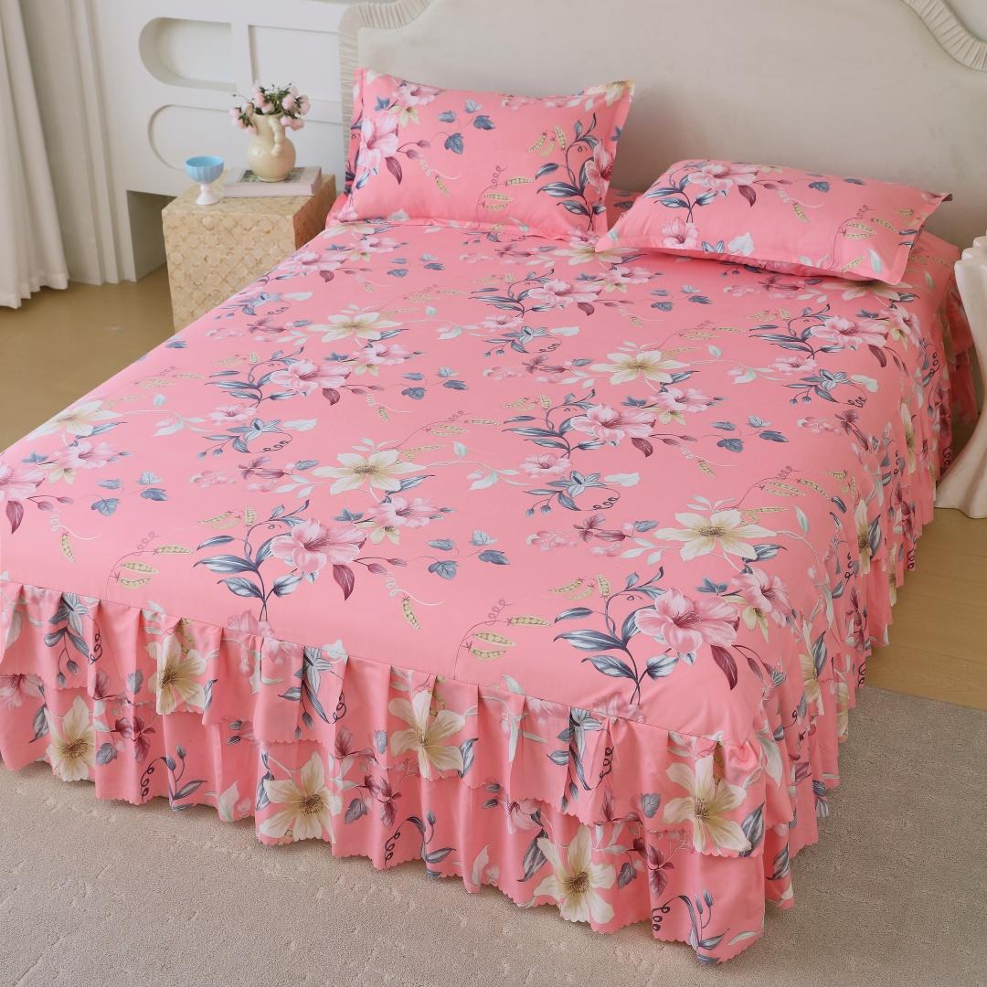 Floral Print Ruffled Edge Bed Skirt Set, 3 Counts/set Including 1 Bed Skirt & 2 Pillowcases without Filler, Comfy Bedding Set for Home Bedroom, All Seasons, Bedroom Decor, Christmas Gift