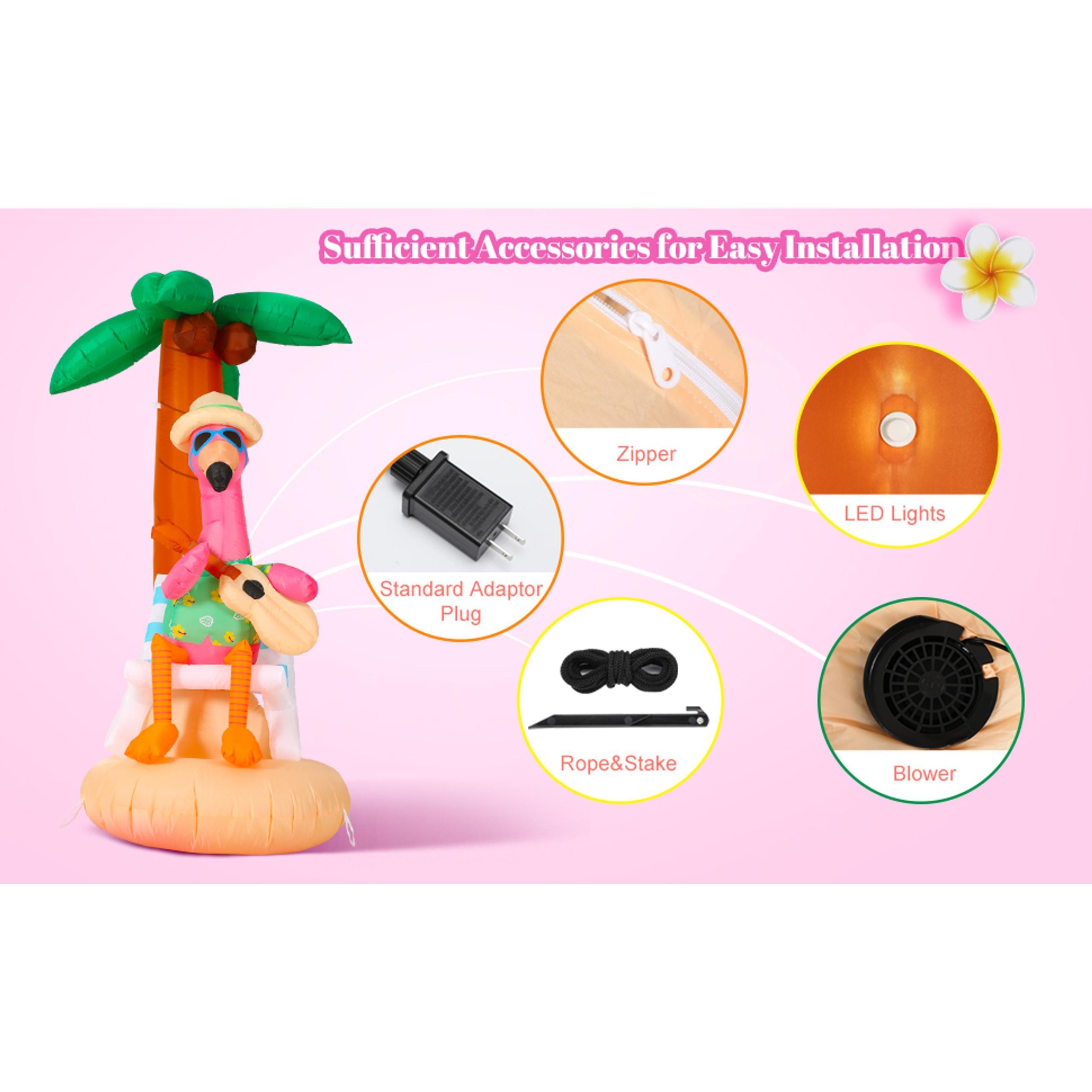 6 ft Inflatable Flamingo with Coconut Tree, Bright LED Lights, Built-in Blower & Plugs - Easy Installation Aloha Luau Decor for Outdoor Home Garden Pool Beach Party (Pet-Friendly Outdoor Celebration Accessory), Hawaiian, Colleagues, Family, Beach Chair