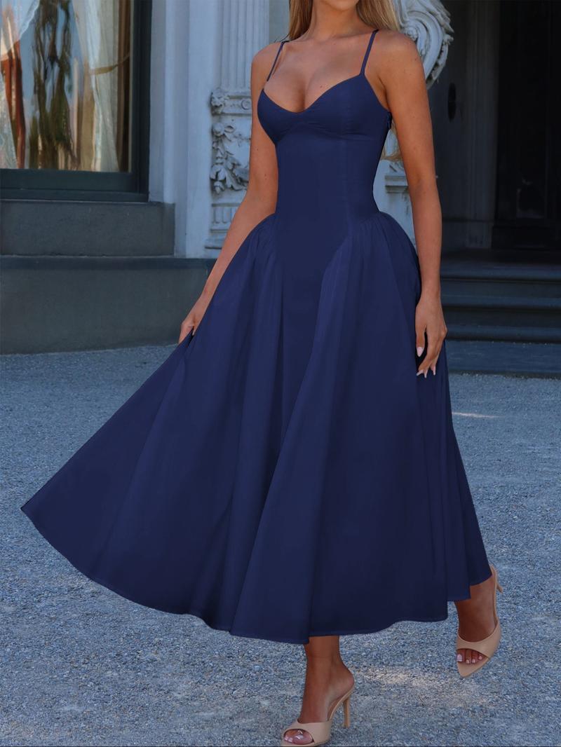 Pure Color Elegant Sleeveless Long Dress, Waist Cinched Design, Fitted Style, Plain Pattern, Perfect for Various Occasions