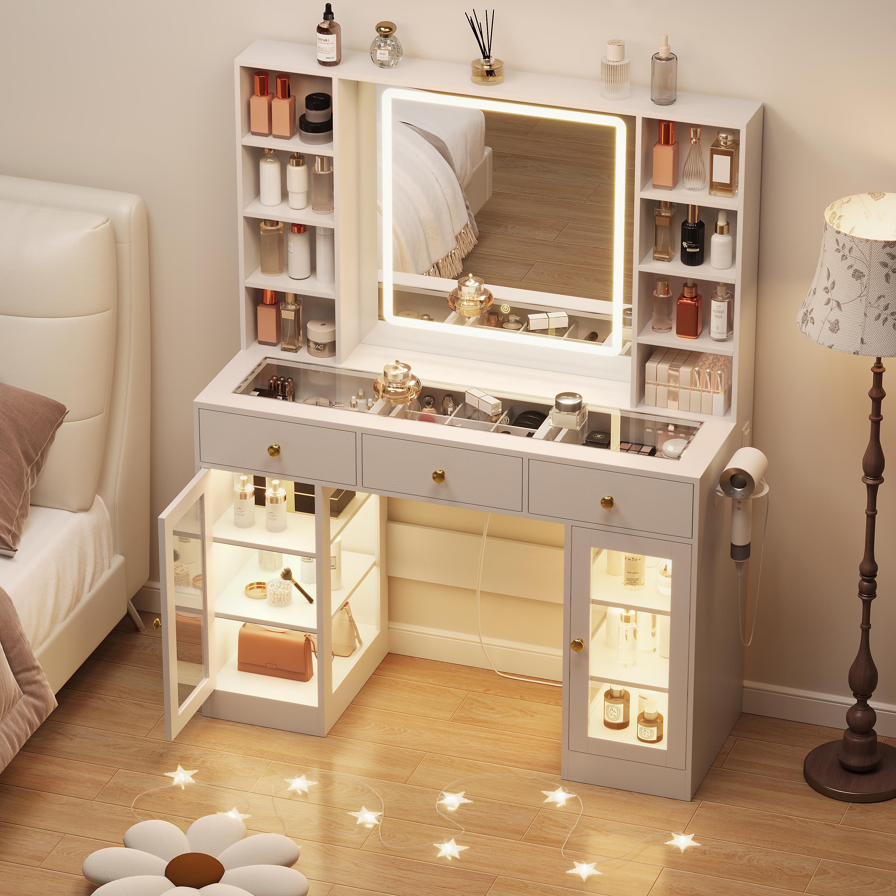 Led Light White Vanity Desk with Mirror and Lights, Glass Top Vanity with Lighted Mirror & RGB Cabinet and 3 Drawers, Dressing Table with 8 Shelves, Modern makeup vanity，Makeup Desk with Lights for Girls Bedroom,
