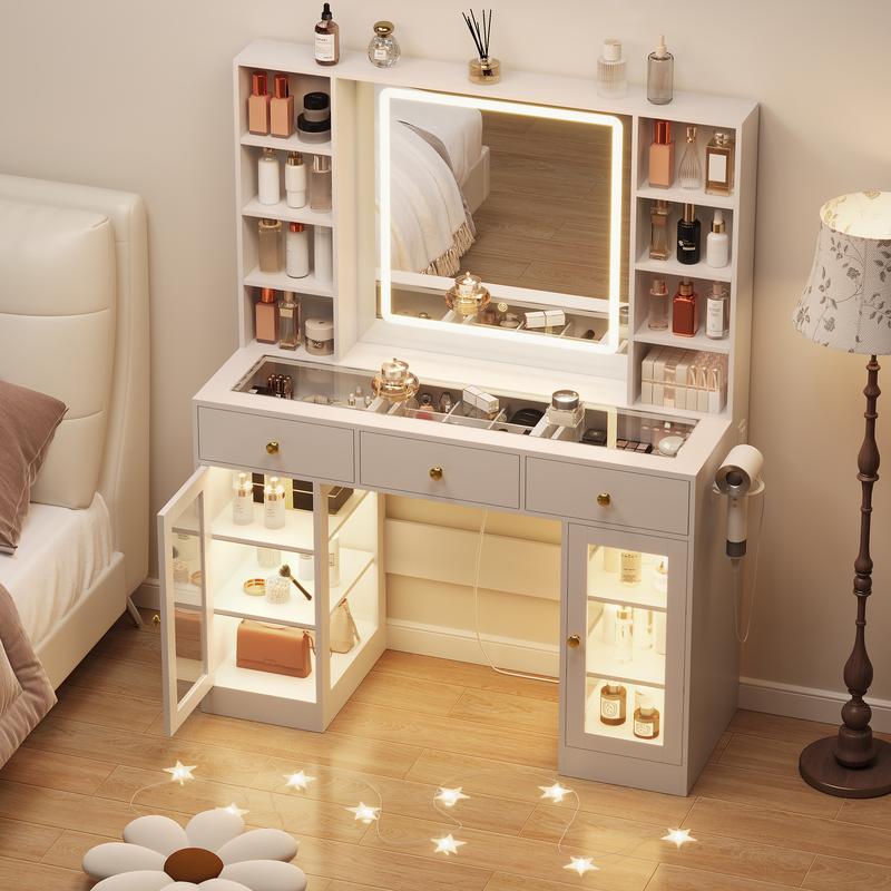 Led Light White Vanity Desk with Mirror and Lights, Glass Top Vanity with Lighted Mirror & RGB Cabinet and 3 Drawers, Dressing Table with 8 Shelves, Modern makeup vanity，Makeup Desk with Lights for Girls Bedroom,