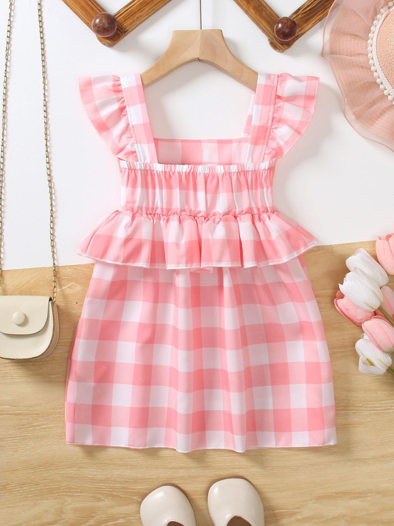 Strawberry Milkshake Sweetheart Dress! Toddler Pink White Gingham Flutter Sleeve Tiered Dress✨
