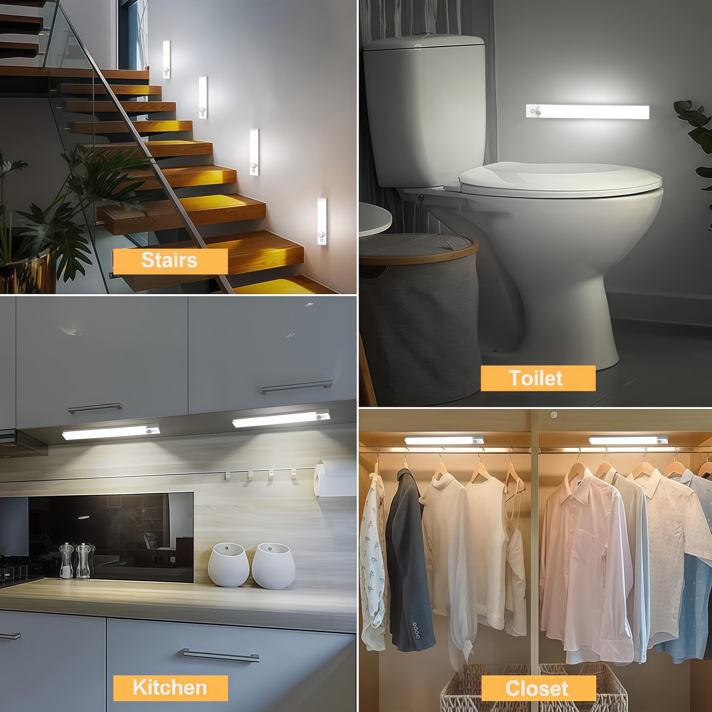 3-Pack LED Motion Sensor Lights – Dimmable Adjustable Lights Under Cabinet Lighting, Dimmable Wall Lamp, USB Rechargeable with 3 Color Modes (3000K/4500K/6000K), Night Light for Bedroom, Stairs, Kitchen, Piano & Dance Studio, Bedside Reading Lamp