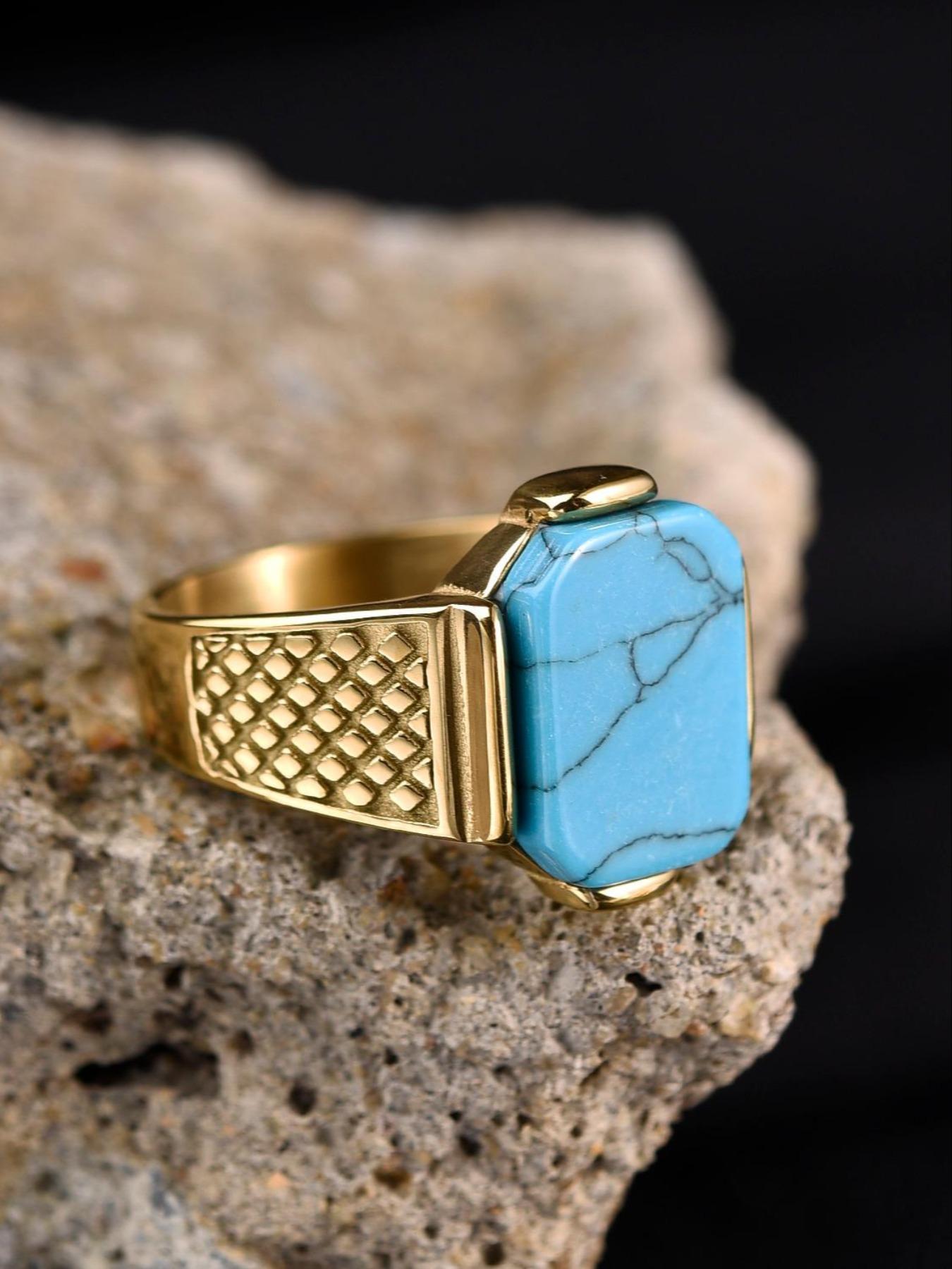 Business Style Men's Blue Ring, 316L Stainless Steel, 18K Gold Plated, Inlaid with Rectangle Agate