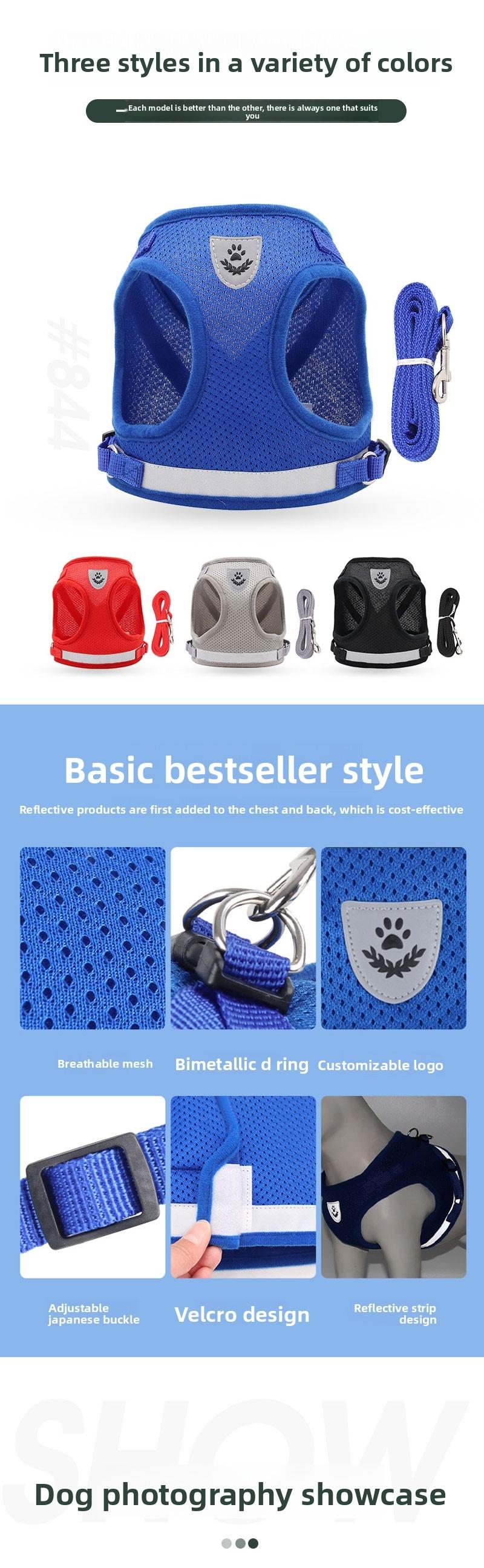 New Dog Harness Leash, Reflective Breathable Puppy Chest Strap, Outdoor Pet Vest, Non-Straining Rope, Small Dogs and Cats
