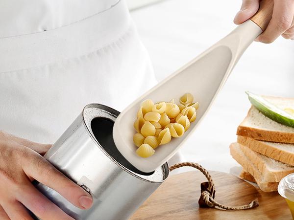 BADIANO Cooking Spoon and Rice Scooper for Nonstick Cookwares, Great for Cooking and Serving Durable BPA-Free Matte Silicone, Wood Handle Spoon for Mixing, Scoop, and Scrape