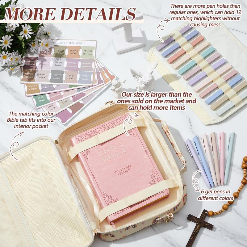 Valentine Gift Bible Bag for Women, Floral Bible Bag 12x9x2.5In Large Chenille Letter Bible Cover PU Leather Bible Case with Tabs Colored Pen Highlighters Tote Bag with Shoulder Strap, Bible Journaling kit for Church Christian Girls,Sunday Prayer Supplies