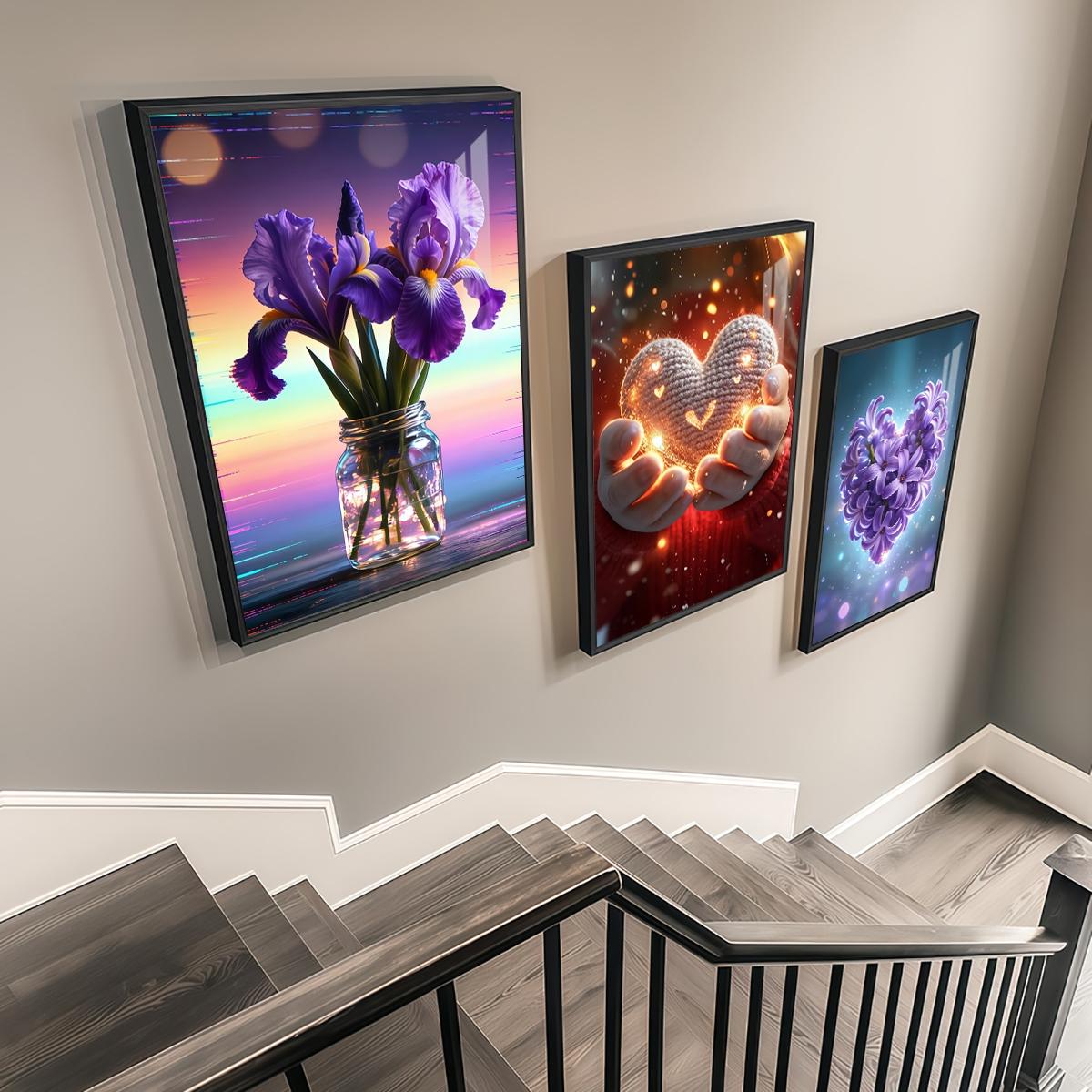3 Counts Aluminum Alloy Framed Painting, Purple Irises And Glowing Heart Flower Art Pictures, Home Decoration For Living Room, Bedroom, Office, Restaurant, Hallway Wall Decor, Odorless Print Artwork, Luxury Perfect Gift For Friends And Family