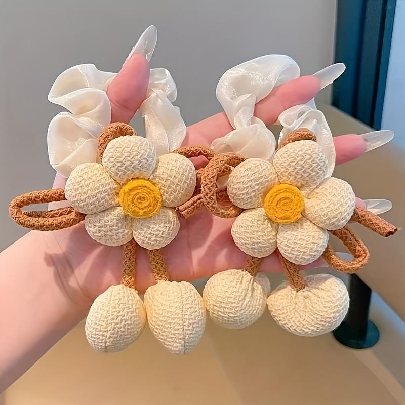 6 Pcs Knitted Flower Hair Scrunchies for Girls Bow Tassel Ponytail Holders Cute Hair Accessories for Kids Double Buns Hairstyle