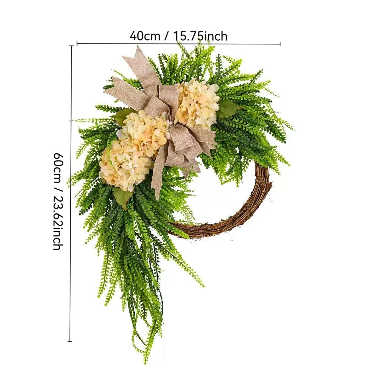 Rustic Hydrangea Wreath Hanging Decor, Bohemian Plastic Floral Door Hanger, Linen Bow and Leaves, Farmhouse Style, Holiday Decoration
