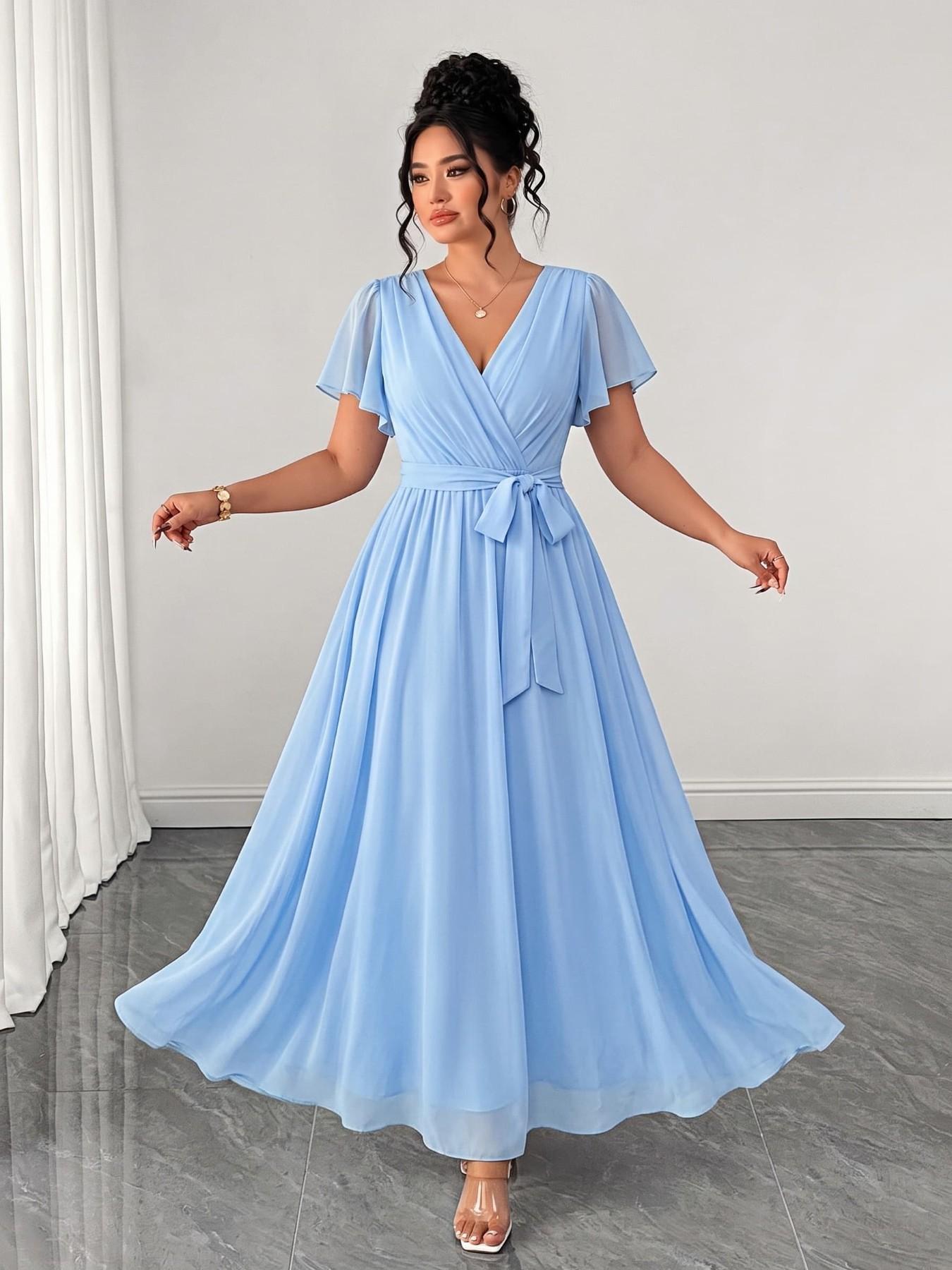 Plus Size Women's Solid A-Line Dress, Ruffle Sleeve Lightweight Flowy, Tie Waist Accentuate Curves, Elegant for Parties, Dates, Weddings, Elegance