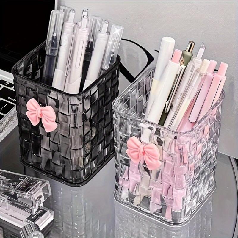Transparent acrylic makeup brush holder + bow tie, creative makeup storage bucket, lipstick and pen organizer box, desktop decorative cosmetics storage box, Cosmetic Organizers, Clear Storage, Container Organizer
