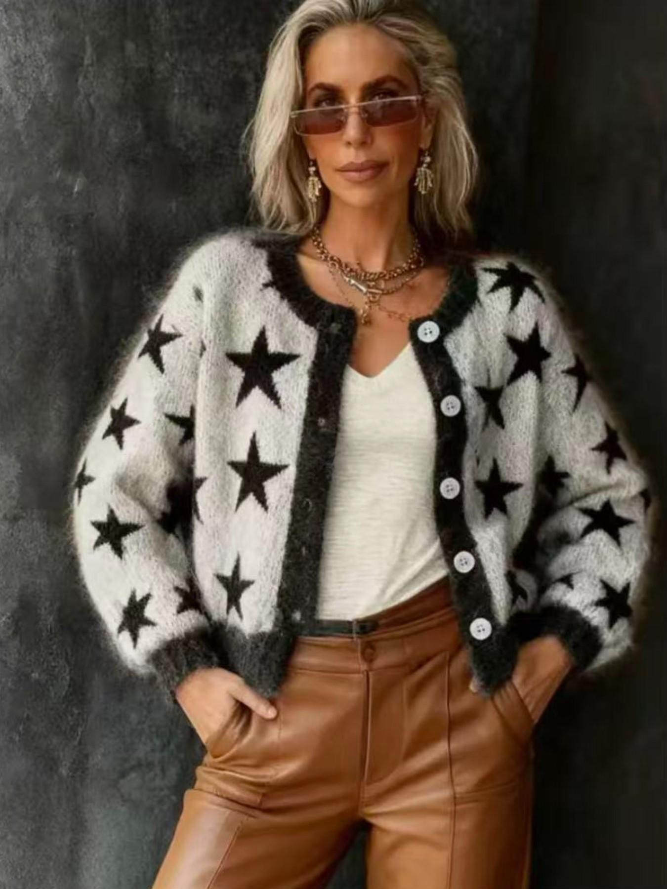 Women's Colorblock Star Knit Cardigan, Button Fall Winter New Arrival, Elegant and Youthful, Casual Fashion Long Sleeve Top, Round Neck Sweater Jacket