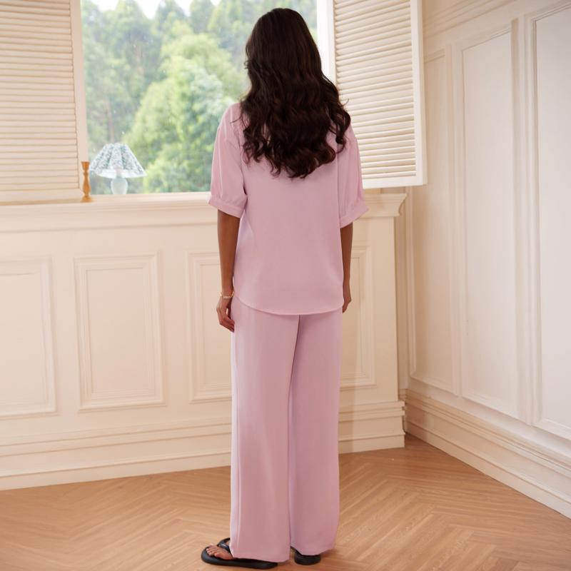 [US shipping]Joyfunear Women's Collared Shirt & Wide - Leg Pants Loungewear Set